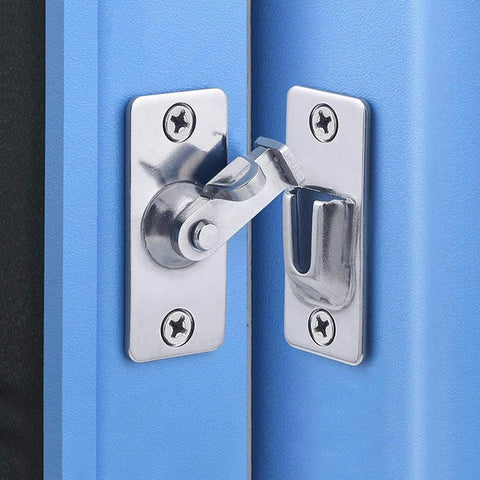 Door Hasp Latch 90 Degree Stainless Steel Safety Angle Locking Latch for Push Sliding Barn Doors installed on blue surface