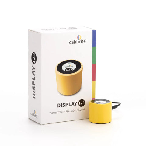 Display 123 Monitor Calibration Colorimeter With Easy 1 2 3 Software Workflow For Pro Photo Editing And Color Accurate Viewing USB C Connection Before And After Check Supports Two Displays In A Compact Design next to packaging