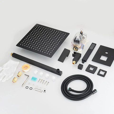 Complete Matte Black Shower System With 10 Inch Square Rain Shower Head And Handheld displayed with accessories and hose