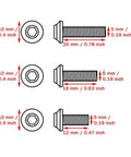 Diagram of Fairing Bolts Kit For Ninja ZX10R ZX6R 20Pcs Stainless Steel Hex Socket Head Screws Set dimensions in mm and inches.