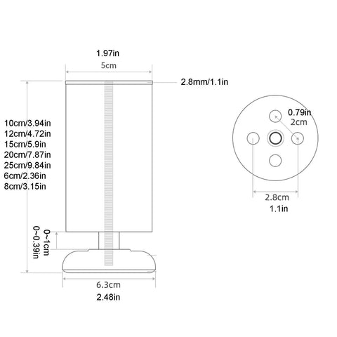 Diagram of Heavy Duty Adjustable Stainless Steel Furniture Legs Rock Solid Round Metal Table Support Feet dimensions and design.