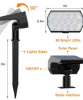 Diagram of 6 Pack Solar Spot Lights Outdoor 65 LED With 3 Modes Warm White Garden Landscape Security Lights showing dimensions and features.