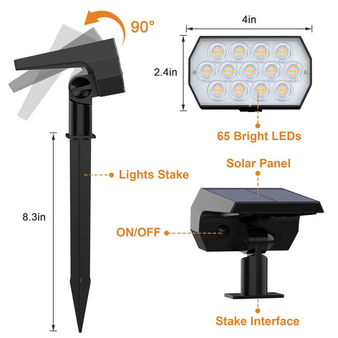 Diagram of 10 Pack Solar Spot Lights Outdoor 65 LED Warm White With 2 In 1 Landscape Spotlights IP68 Waterproof Wall Lights