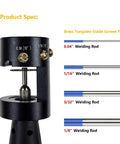 Close-up of Badass Aluminum Tungsten Electrode Sharpener featuring brass guide screws for different rod sizes.