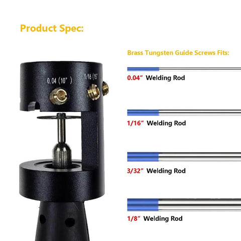Close-up of Badass Aluminum Tungsten Electrode Sharpener featuring brass guide screws for different rod sizes.