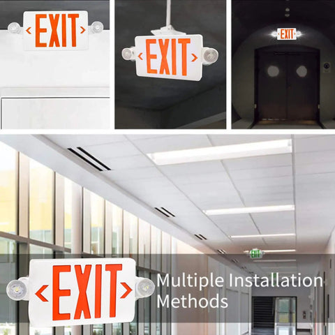 2 Pack Red LED Exit Signs With Emergency Lights, Battery Backup, adjustable heads, dual LED lamps, installed in hallways