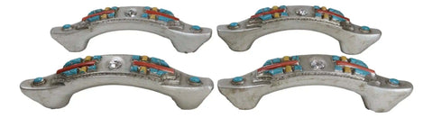Set Of Four Hella Stylish Southwestern Turquoise Cross Drawer Pulls With Sparkling Rhinestone sculpted cabinet handles displayed at an angle.