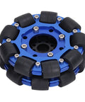 Aluminum Alloy Robot Wheels 4 Inch Omnidirectional Hub Components, side view of blue wheel, for DIY toy robots