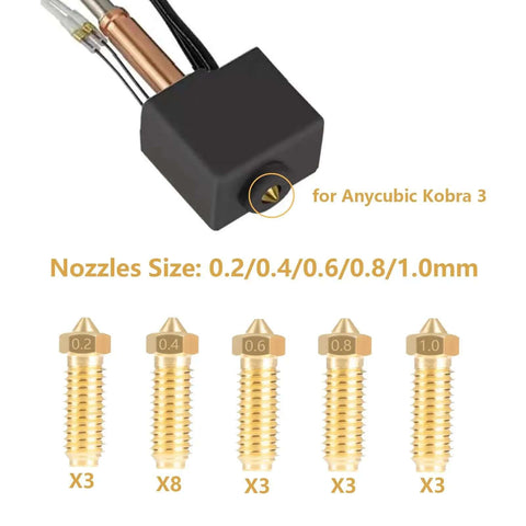 Brass Nozzle Set For Kobra 3 And Kobra S1 3D Printers, 20 Pack With 0.2mm 0.4mm 0.6mm 0.8mm 1.0mm Nozzles, displayed with sizes