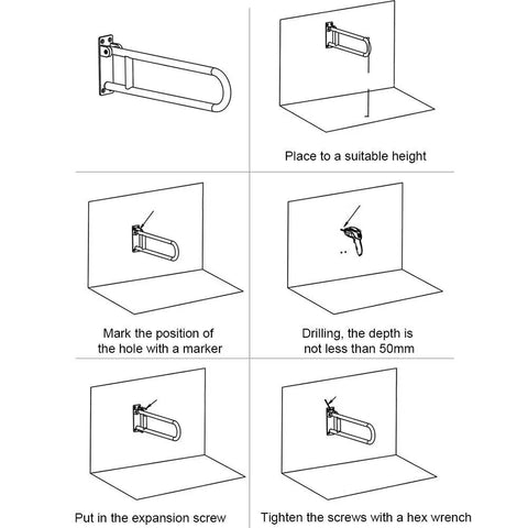 Installation diagram for Heavy Duty 23.6 Inch Handicap Grab Bar Wall Mounted Bathroom Rail for Seniors and Elderly, Easy Install steps.