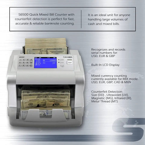 Fast Mixed Currency Money Counter That Handles US Dollars Euros Canadian Dollars British Pounds And Mexican Pesos With Quick Counting And 5 Point Counterfeit Detection UV MG IR DD MT DBL HLF CHN S6500 in action displaying LCD screen and bills