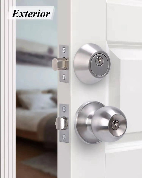 Two Sets All Keyed Alike Entry Door Knob And Deadbolt Combo, Satin Nickel Round Ball Exterior Door Knobs With Locks And Keys