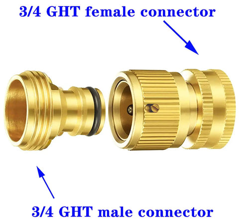 Close-up of 4 Pack Garden Hose Quick Connectors Three Quarters Inch GHT Thread Brass Fittings No Leak Water Hose Adapters Set showing male and female connectors