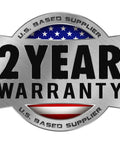 2 Year Warranty badge with U.S. Based Supplier logo and metallic design for Pro Grade Laser Distance Meter 325 Ft.