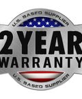 2 year warranty badge with U.S. based supplier text and American flag design.