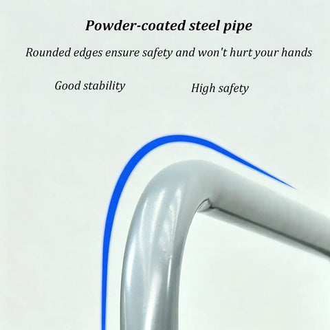 Close-up of powder-coated steel pipe with rounded edges for safety on Built Like A Tank Heavy Duty Tire Stand With Smooth Rolling Locking Casters Rust Proof Steel Rack That Securely Holds Four Tires And Keeps Your Shop Neatly Organized.