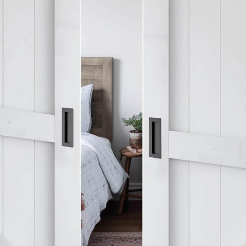 Two Pack Pocket Door Handles 5.9 Inch Rectangular Recessed Pulls For Sliding Closet And Barn Doors Black Flush Finger Pulls Stainless Steel 304 Solid Metal Durable Hardware With Smooth Operation installed on white sliding doors