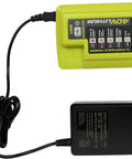 Gen2 Lithium Ion 40 Volt Slim Line Compact Battery Charger for 40V Tools, lime green, with power cord and plug connected.