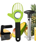 4-piece fruit prep set: lime-green pineapple corer/slicer, apple cutter, avocado tool, and peeler; stainless steel.