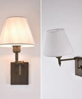 YS.ESUDSI Swing Arm Vintage Wall Sconces with White Fabric Shade Hardwired, showing adjustable arm and fabric shade, 12.8"D x 15.75"H.