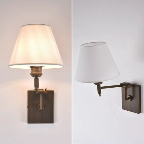 YS.ESUDSI Swing Arm Vintage Wall Sconces with White Fabric Shade Hardwired, showing adjustable arm and fabric shade, 12.8"D x 15.75"H.