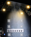 Kick Up Your Bathroom Goals With This Slick Ceiling Mount Rain Shower System Featuring Bright LED Lighting Smart Thermostatic Control And Polished Gold Hardware, 23X31 inch ceiling mount with LED lights and smart controls.