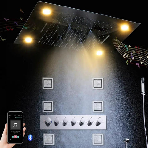 Kick Up Your Bathroom Goals With This Slick Ceiling Mount Rain Shower System Featuring Bright LED Lighting Smart Thermostatic Control And Polished Gold Hardware, 23X31 inch ceiling mount with LED lights and smart controls.