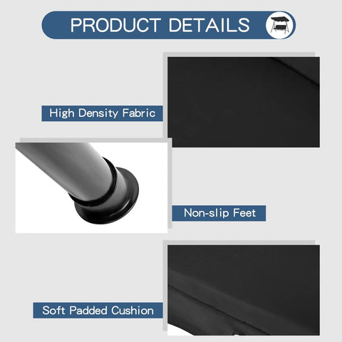 Heavy Duty 3 Seat Patio Swing With Removable Cushions, Adjustable Canopy And Smooth Glider Motion For Garden, Poolside Or Backyard, Built To Last Steel Frame Keeps Up To 450 Pounds, Black product details showing high density fabric, non-slip feet, and soft padded cushion.