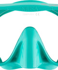 Front view of Musa Frameless Dive Mask With Low Internal Volume And Wide Field Of View In Aqua Green, showing silicone skirt and glass lens.