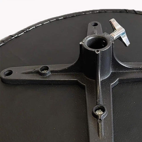Base of Road Ready Foldable Drum Throne With Chrome Motorcycle Style Base, adjustable height lever design.