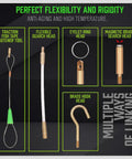 Various connectors from the 11 Ft Fiberglass Electrical Fish Tape Kit including coaxial cable, glow rods, brass connectors, magnetic link, and push pull rods.