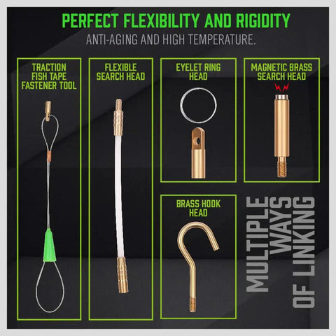 Various connectors from the 11 Ft Fiberglass Electrical Fish Tape Kit including coaxial cable, glow rods, brass connectors, magnetic link, and push pull rods.