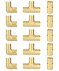 Three Quarter Inch PEX Fittings Set With Five Elbows, Five Tees, And Five Couplings In Lead Free Brass, NSF Certified For Potable Water Systems, 15 Pack