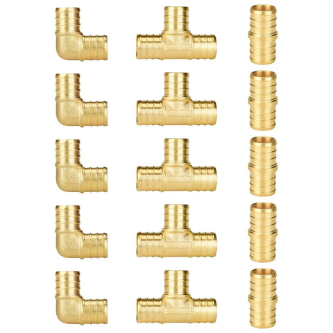 Three Quarter Inch PEX Fittings Set With Five Elbows, Five Tees, And Five Couplings In Lead Free Brass, NSF Certified For Potable Water Systems, 15 Pack