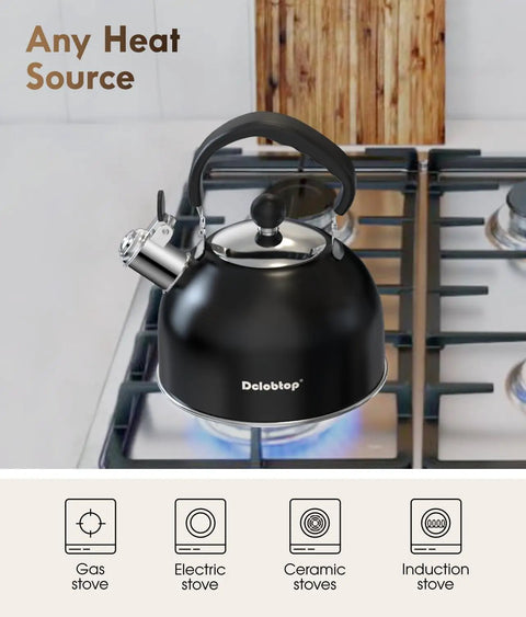 Stovetop Stainless Steel Tea Kettle With Loud Whistle 2 Quart Teapot Ergonomic Handle The Go-To Kitchen Accessory For Hot Water Tea Or Coffee Classic Black Finish on gas stove