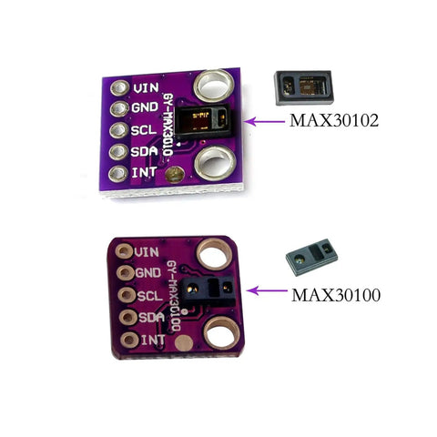 MAX30102 Low Power Heart Rate And SpO2 Sensor Breakout Board comparison with MAX30100, showing sensor modules and pin labels