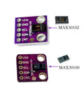 Comparison of MAX30102 and MAX30100 sensors on breakout boards for pulse oximetry, I2C 3.3V, ideal for Arduino and ESP32 projects.