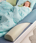 Child sleeping with Two Pack 53 Inch Foam Bed Bumpers For Toddlers Easy Install Portable Safe Rail Guards For Queen King Twin Full Beds
