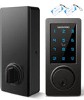 Black smart keyless door lock with Bluetooth app control, keypad, and IC cards. Includes four unlock options for secure entry.