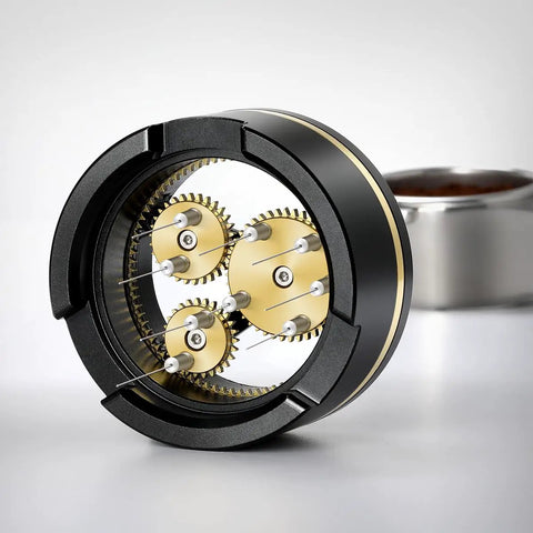 Close-up of Top Shelf 54Mm Spirographic WDT Tool espresso distributor showing rotary gears and fine needles.