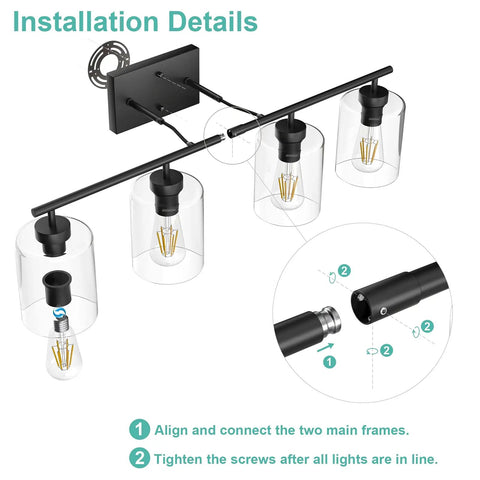 Installation details of Dope Four Light Black Bathroom Vanity Light Over Mirror With Clear Glass Shades Industrial Style Bath Fixture