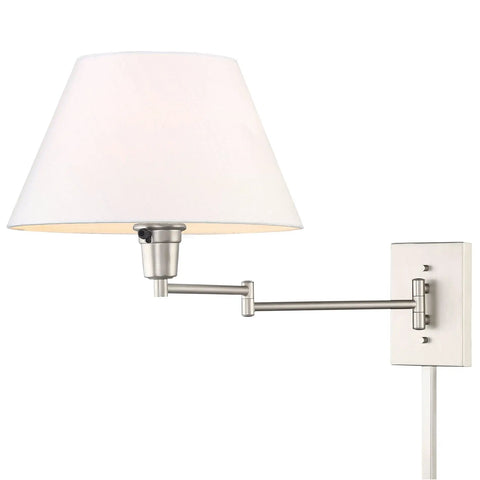 Modern Swing Arm Wall Sconce With White Empire Shade, 15 Inch Reach, Adjustable Arm, 2-In-1 Plug-In Or Hardwired Installation, 3-Way Switch, Satin Nickel Finish, Includes 2 12 Inch Cord Covers