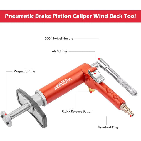 Pneumatic Brake Caliper Compression Tool Kit showing components and labels including air trigger and quick release button.