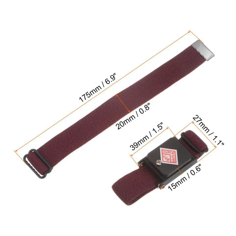 Wine Red ESD Anti Static Wrist Strap Bracelet Adjustable Grounding Band, dimensions marked, with spare bracelet for tech repair pros.