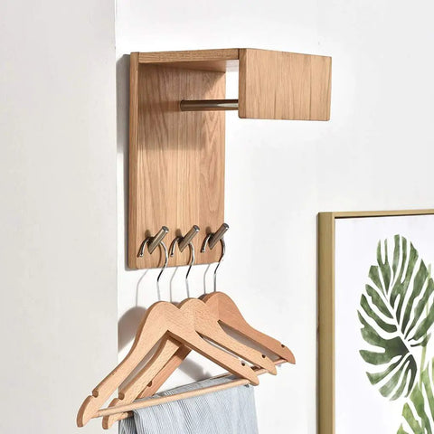 Heavy Duty Solid Wood Wall Mounted Coat Rack With Reinforced Metal Hooks, featuring wood shelf and hooks for easy access.