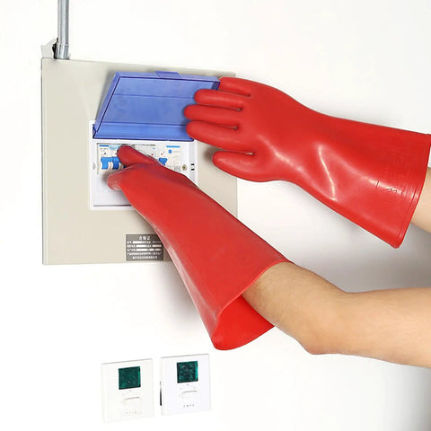 Heavy Duty Electrical Insulated Gloves Class 00 12KV 1.8mm Thick Rubber with tough protection during electrical panel work.