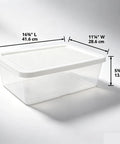 Heavy Duty Clear Plastic Storage Bins With Secure Snap On Lids Super Solid Twelve Quart Capacity Sweet Four Pack side view with measurements