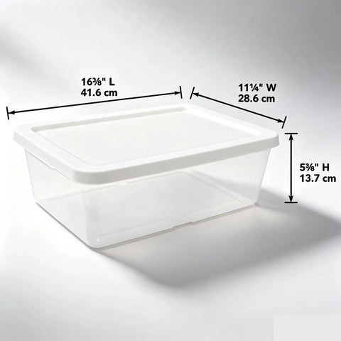 Heavy Duty Clear Plastic Storage Bins With Secure Snap On Lids Super Solid Twelve Quart Capacity Sweet Four Pack side view with measurements