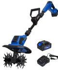 Cordless 20V Garden Tiller Cultivator with 8.7 inch width, shown with 300 RPM motor, 4.0Ah battery, and charger for fast soil cultivation.