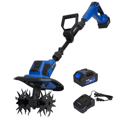 Cordless 20V Garden Tiller Cultivator with 8.7 inch width, shown with 300 RPM motor, 4.0Ah battery, and charger for fast soil cultivation.